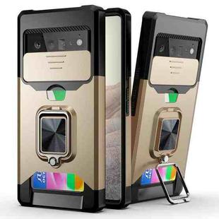 For Google Pixel 6 Sliding Camera Cover Design PC + TPU Shockproof Case with Ring Holder & Card Slot(Gold)