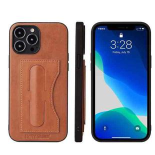 For iPhone 13 Pro Max Fierre Shann Full Coverage Protective Leather Case with Holder & Card Slot (Brown)