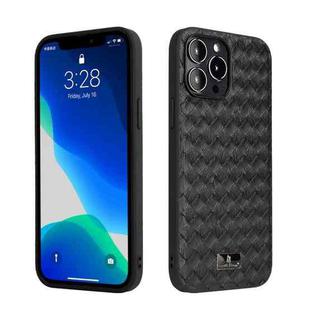 For iPhone 13 Pro Fierre Shann Leather Texture Phone Back Cover Case (Woven Black)