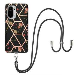 For Xiaomi Mi 11i / Poco F3 Electroplating Splicing Marble Flower Pattern TPU Shockproof Case with Lanyard(Black Flower)
