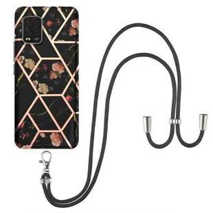 For Xiaomi Mi 10 Lite 5G Electroplating Splicing Marble Flower Pattern TPU Shockproof Case with Lanyard(Black Flower)
