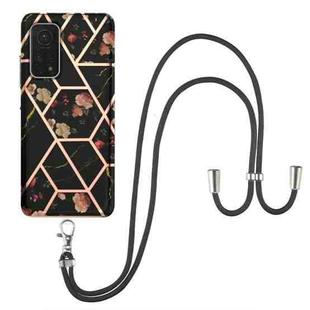 For Xiaomi Mi 10T 5G / 10T Pro 5G Electroplating Splicing Marble Flower Pattern TPU Shockproof Case with Lanyard(Black Flower)
