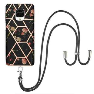 For Xiaomi Redmi Note 9S / Note 9 Pro Electroplating Splicing Marble Flower Pattern TPU Shockproof Case with Lanyard(Black Flower)