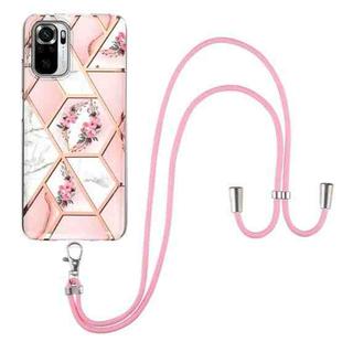 For Xiaomi Redmi Note 10 Electroplating Splicing Marble Flower Pattern TPU Shockproof Case with Lanyard(Pink Flower)