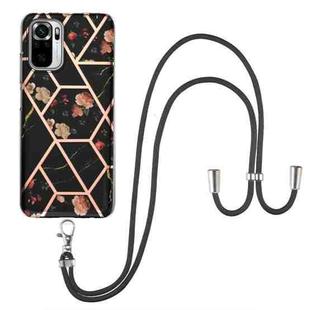 For Xiaomi Redmi Note 10 Electroplating Splicing Marble Flower Pattern TPU Shockproof Case with Lanyard(Black Flower)