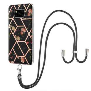 For Xiaomi Poco X3 NFC Electroplating Splicing Marble Flower Pattern TPU Shockproof Case with Lanyard(Black Flower)