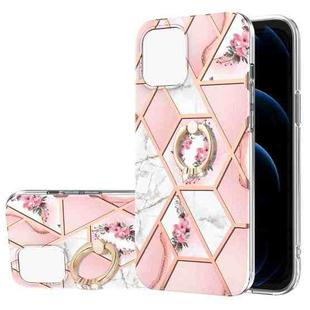 For iPhone 13 Electroplating Splicing Marble Flower Pattern TPU Shockproof Case with Rhinestone Ring Holder(Pink Flower)