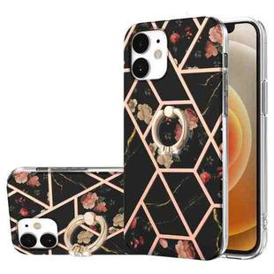 For iPhone 12 mini Electroplating Splicing Marble Flower Pattern TPU Shockproof Case with Rhinestone Ring Holder (Black Flower)