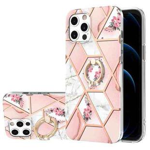 For iPhone 12 / 12 Pro Electroplating Splicing Marble Flower Pattern TPU Shockproof Case with Rhinestone Ring Holder(Pink Flower)