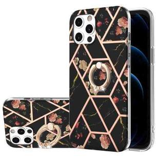 For iPhone 12 / 12 Pro Electroplating Splicing Marble Flower Pattern TPU Shockproof Case with Rhinestone Ring Holder(Black Flower)