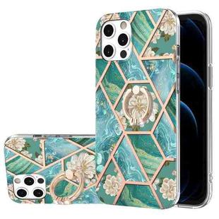 For iPhone 12 / 12 Pro Electroplating Splicing Marble Flower Pattern TPU Shockproof Case with Rhinestone Ring Holder(Blue Flower)