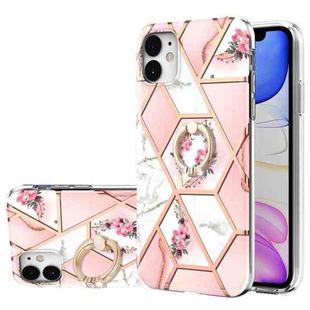 For iPhone 11 Electroplating Splicing Marble Flower Pattern TPU Shockproof Case with Rhinestone Ring Holder (Pink Flower)