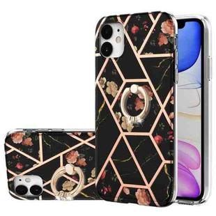 For iPhone 11 Electroplating Splicing Marble Flower Pattern TPU Shockproof Case with Rhinestone Ring Holder (Black Flower)