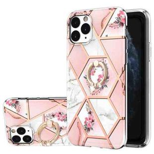 For iPhone 11 Pro Electroplating Splicing Marble Flower Pattern TPU Shockproof Case with Rhinestone Ring Holder (Pink Flower)