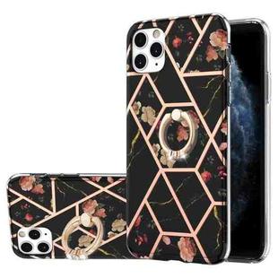 For iPhone 11 Pro Max Electroplating Splicing Marble Flower Pattern TPU Shockproof Case with Rhinestone Ring Holder (Black Flower)