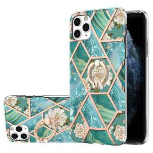 For iPhone 11 Pro Max Electroplating Splicing Marble Flower Pattern TPU Shockproof Case with Rhinestone Ring Holder (Blue Flower)