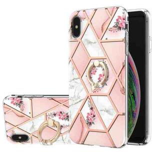 For iPhone X / XS Electroplating Splicing Marble Flower Pattern TPU Shockproof Case with Rhinestone Ring Holder(Pink Flower)