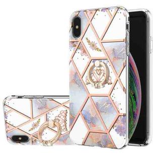 For iPhone X / XS Electroplating Splicing Marble Flower Pattern TPU Shockproof Case with Rhinestone Ring Holder(Imperial Crown)