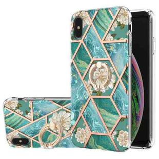 For iPhone X / XS Electroplating Splicing Marble Flower Pattern TPU Shockproof Case with Rhinestone Ring Holder(Blue Flower)
