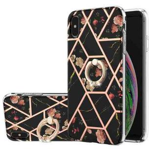 For iPhone XS Max Electroplating Splicing Marble Flower Pattern TPU Shockproof Case with Rhinestone Ring Holder(Black Flower)