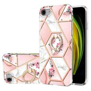 For iPhone SE 2022 / SE 2020 / 8 / 7 Electroplating Splicing Marble Flower Pattern TPU Shockproof Case with Rhinestone Ring Holder(Pink Flower)