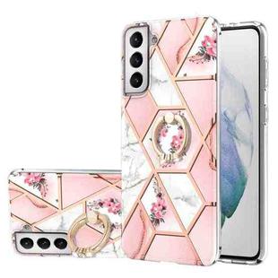 For Samsung Galaxy S21  5G Electroplating Splicing Marble Flower Pattern TPU Shockproof Case with Rhinestone Ring Holder(Pink Flower)