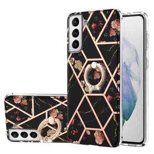 For Samsung Galaxy S21+  5G Electroplating Splicing Marble Flower Pattern TPU Shockproof Case with Rhinestone Ring Holder(Black Flower)