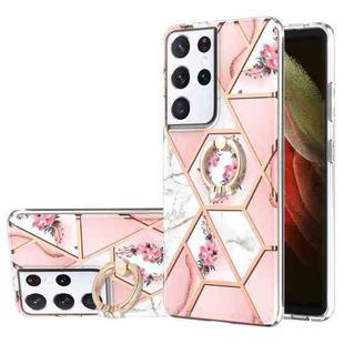 For Samsung Galaxy S21 Ultra 5G Electroplating Splicing Marble Flower Pattern TPU Shockproof Case with Rhinestone Ring Holder(Pink Flower)