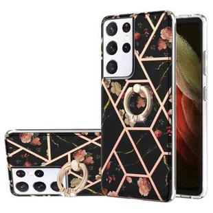 For Samsung Galaxy S21 Ultra 5G Electroplating Splicing Marble Flower Pattern TPU Shockproof Case with Rhinestone Ring Holder(Black Flower)