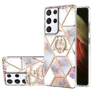 For Samsung Galaxy S21 Ultra 5G Electroplating Splicing Marble Flower Pattern TPU Shockproof Case with Rhinestone Ring Holder(Imperial Crown)