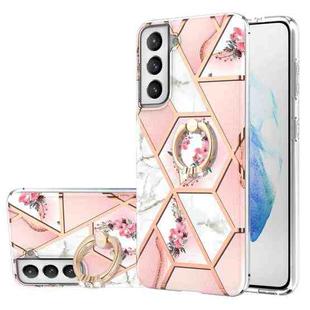 For Samsung Galaxy S21 FE Electroplating Splicing Marble Flower Pattern TPU Shockproof Case with Rhinestone Ring Holder(Pink Flower)