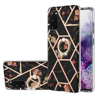 For Samsung Galaxy S20 Electroplating Splicing Marble Flower Pattern TPU Shockproof Case with Rhinestone Ring Holder(Black Flower)