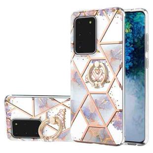 For Samsung Galaxy S20 Ultra Electroplating Splicing Marble Flower Pattern TPU Shockproof Case with Rhinestone Ring Holder(Imperial Crown)