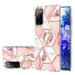 For Samsung Galaxy S20 FE / S20 Lite Electroplating Splicing Marble Flower Pattern TPU Shockproof Case with Rhinestone Ring Holder(Pink Flower)