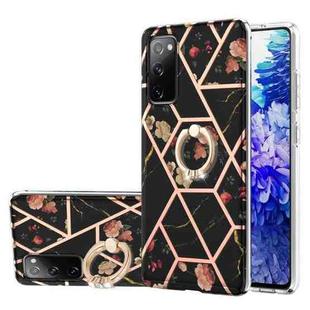 For Samsung Galaxy S20 FE / S20 Lite Electroplating Splicing Marble Flower Pattern TPU Shockproof Case with Rhinestone Ring Holder(Black Flower)