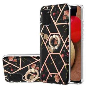 For Samsung Galaxy A02s 164mm Electroplating Splicing Marble Flower Pattern TPU Shockproof Case with Rhinestone Ring Holder(Black Flower)