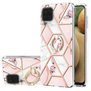 For Samsung Galaxy A12 5G/F12/M12 Electroplating Splicing Marble Flower Pattern TPU Shockproof Case with Rhinestone Ring Holder(Pink Flower)