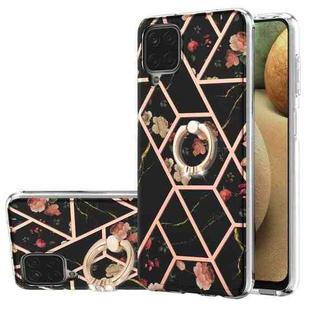 For Samsung Galaxy A12 5G/F12/M12 Electroplating Splicing Marble Flower Pattern TPU Shockproof Case with Rhinestone Ring Holder(Black Flower)