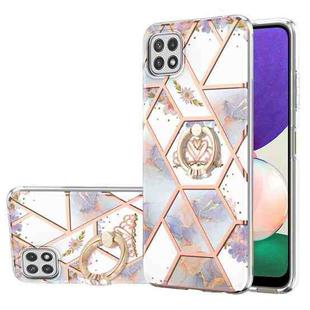 For Samsung Galaxy A22 5G US Version Electroplating Splicing Marble Flower Pattern TPU Shockproof Case with Rhinestone Ring Holder(Imperial Crown)