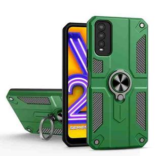 Carbon Fiber Pattern PC + TPU Protective Case with Ring Holder For vivo Y20(Dark Green)