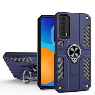 For Huawei Y7a Carbon Fiber Pattern PC + TPU Protective Case with Ring Holder(Sapphire Blue)