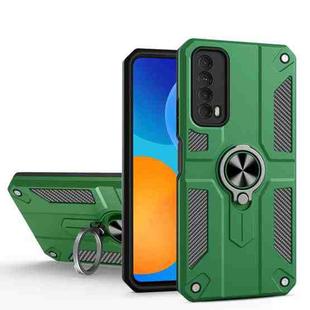 For Huawei Y7a Carbon Fiber Pattern PC + TPU Protective Case with Ring Holder(Dark Green)