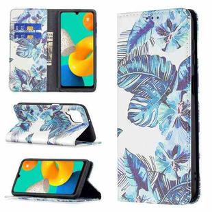 For Samsung Galaxy M32 Colored Drawing Pattern Invisible Magnetic Horizontal Flip PU Leather Case with Holder & Card Slots & Wallet(Blue Leaf)