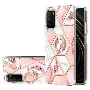For Xiaomi Poco M3 / Redmi Note 9 4G / Redmi 9 Power / Redmi 9T Electroplating Splicing Marble Flower Pattern TPU Shockproof Case with Rhinestone Ring Holder(Pink Flower)