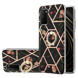 For Xiaomi Poco M3 / Redmi Note 9 4G / Redmi 9 Power / Redmi 9TElectroplating Splicing Marble Flower Pattern TPU Shockproof Case with Rhinestone Ring Holder(Black Flower)