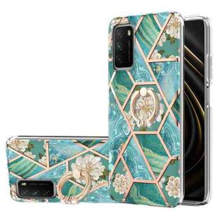 For Xiaomi Poco M3 / Redmi Note 9 4G / Redmi 9 Power / Redmi 9T Electroplating Splicing Marble Flower Pattern TPU Shockproof Case with Rhinestone Ring Holder(Blue Flower)