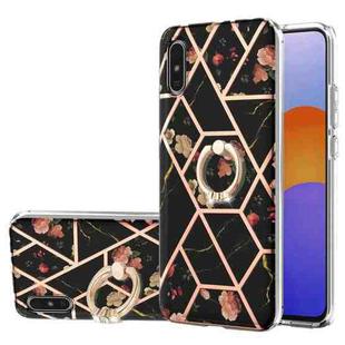 For Xiaomi Redmi 9A Electroplating Splicing Marble Flower Pattern TPU Shockproof Case with Rhinestone Ring Holder(Black Flower)