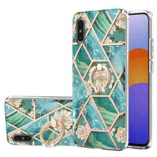 For Xiaomi Redmi 9A Electroplating Splicing Marble Flower Pattern TPU Shockproof Case with Rhinestone Ring Holder(Blue Flower)