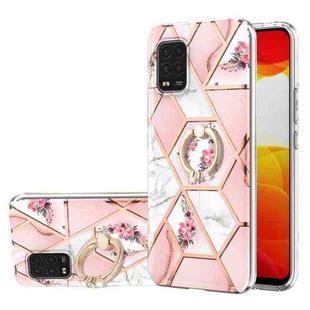 For Xiaomi Mi 10 Lite Electroplating Splicing Marble Flower Pattern TPU Shockproof Case with Rhinestone Ring Holder(Pink Flower)