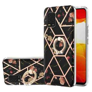 For Xiaomi Mi 10 Lite Electroplating Splicing Marble Flower Pattern TPU Shockproof Case with Rhinestone Ring Holder(Black Flower)